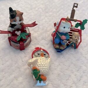 Vintage Resin Christmas Ornaments Cat Bear Owl Set of 3